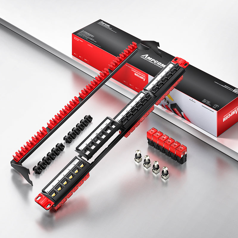 AMPCOM Unibody Cat5e/6/6a/7/8 Series 24 Ports Patch Panel, Front disassembly panel design, 19 inch RJ45 Ethernet 568A 568B, gold-plated pins, with Rear Cable Support Bar