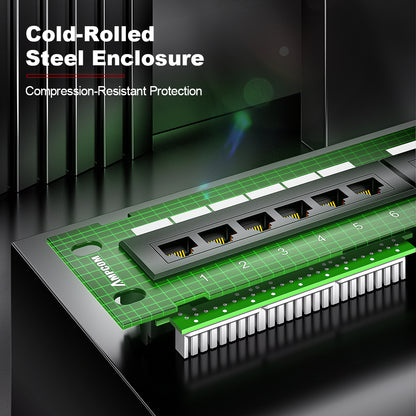 AMPCOM 12-Port Unshielded Patch Panel for Low-Voltage Cabinets, with Rear Mounting Bracket
