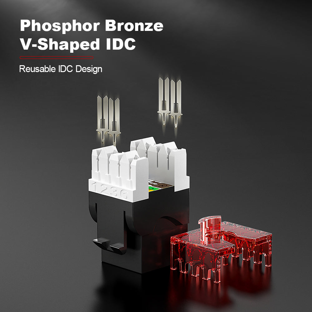 Conector Keystone AMPCOM CAT5E não blindado de 180° com encaixe por pressão para rede Ethernet, carcaça branca