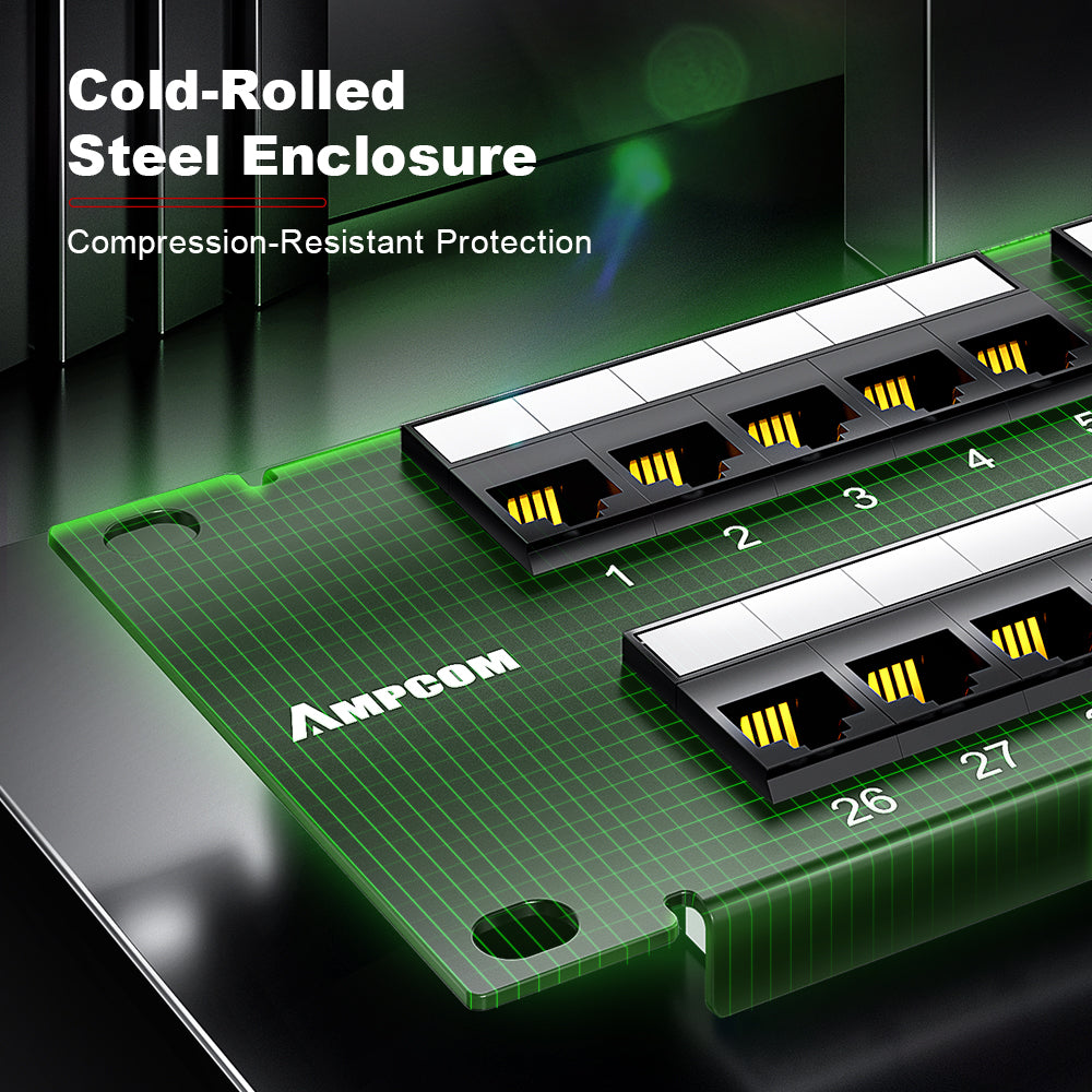 AMPCOM Modular RJ11 Voice Patch Panel – 19 Inch Rack Mount, Cold-Rolled Steel Housing