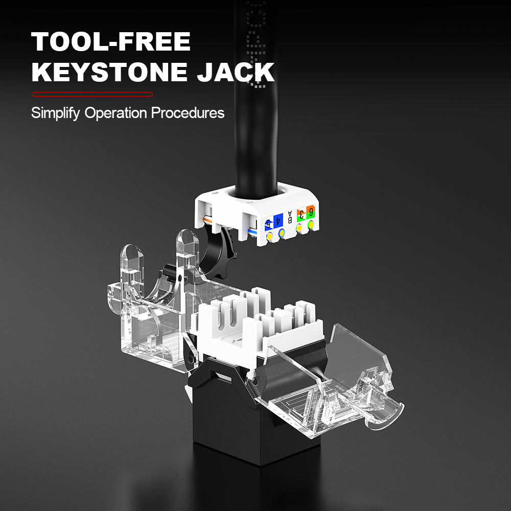 AMPCOM CAT6a Unshielded Tool-less Keystone Jack With Ratchet Lock Design, Black Shell