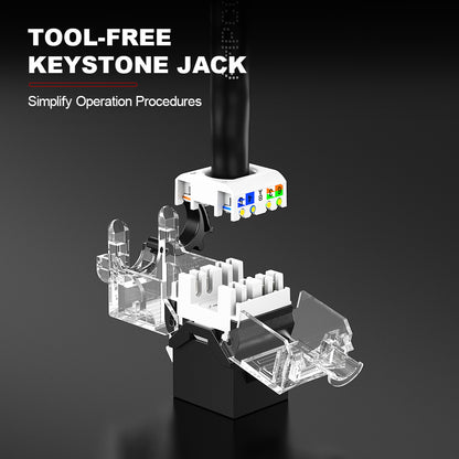 AMPCOM CAT6a Unshielded Tool-less Keystone Jack With Ratchet Lock Design, Black Shell