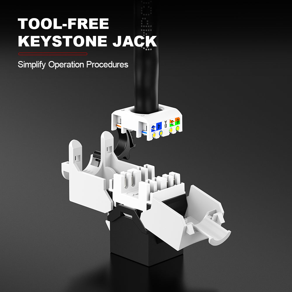 AMPCOM CAT6 Unshielded Tool-less Keystone Jack With Ratchet Lock Design, Black Shell
