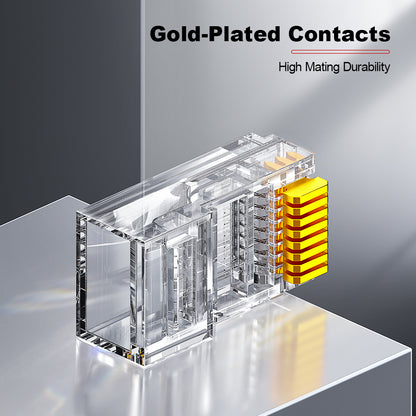 AMPCOM Cat6 Pass-Through Unshielded RJ45 Connector,Gold-Plated Contacts, 1.1mm Conductor Hole