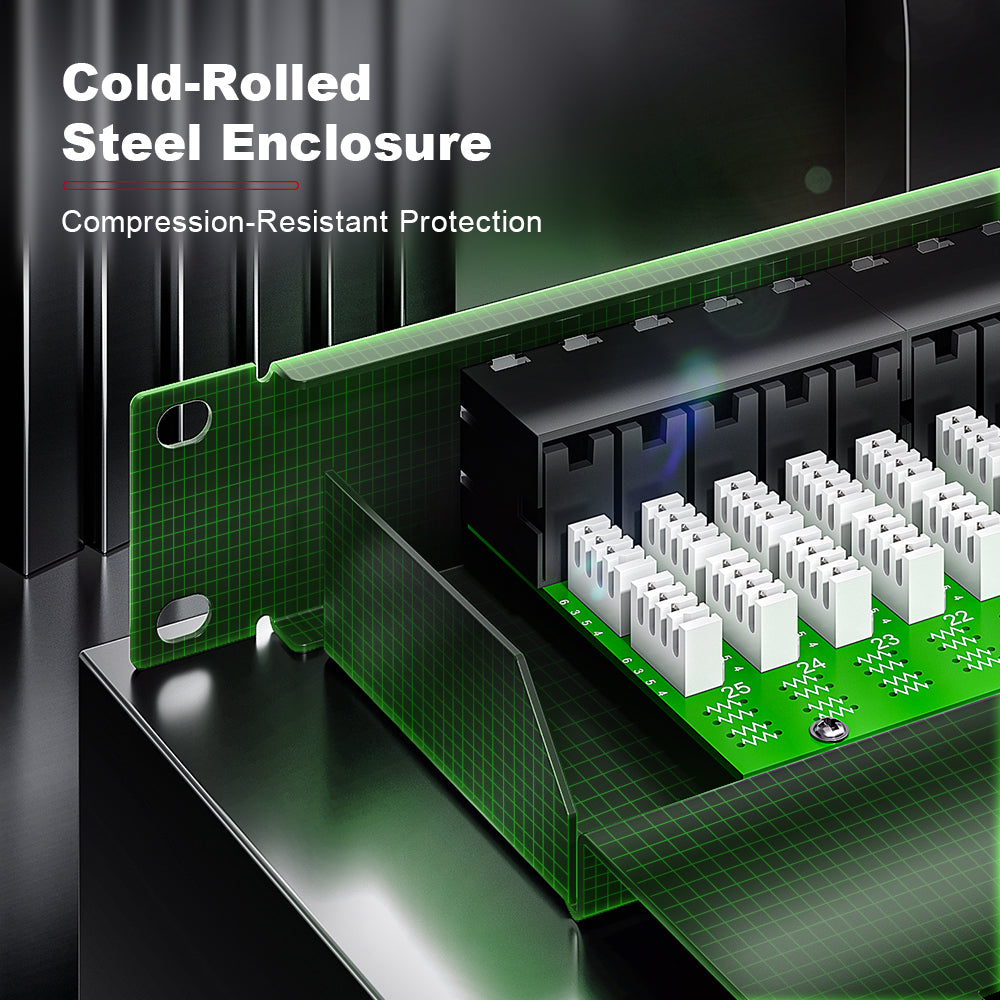 AMPCOM One-Piece PCB RJ11 Voice Patch Panel, 19 Inch Rack Mount, Pure Copper Ground Wire,SPCC Steel