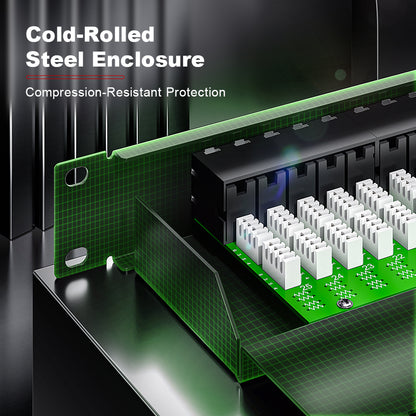 AMPCOM One-Piece PCB RJ11 Voice Patch Panel, 19 Inch Rack Mount, Pure Copper Ground Wire,SPCC Steel