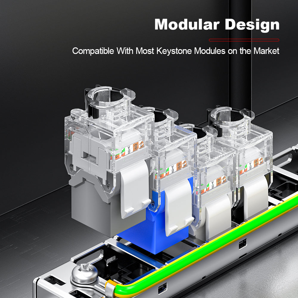 AMPCOM 0.5U 24-Port Unshielded Tool-Less Keystone Patch Panel, 19-inch Rack Mount with Cable Management Rings