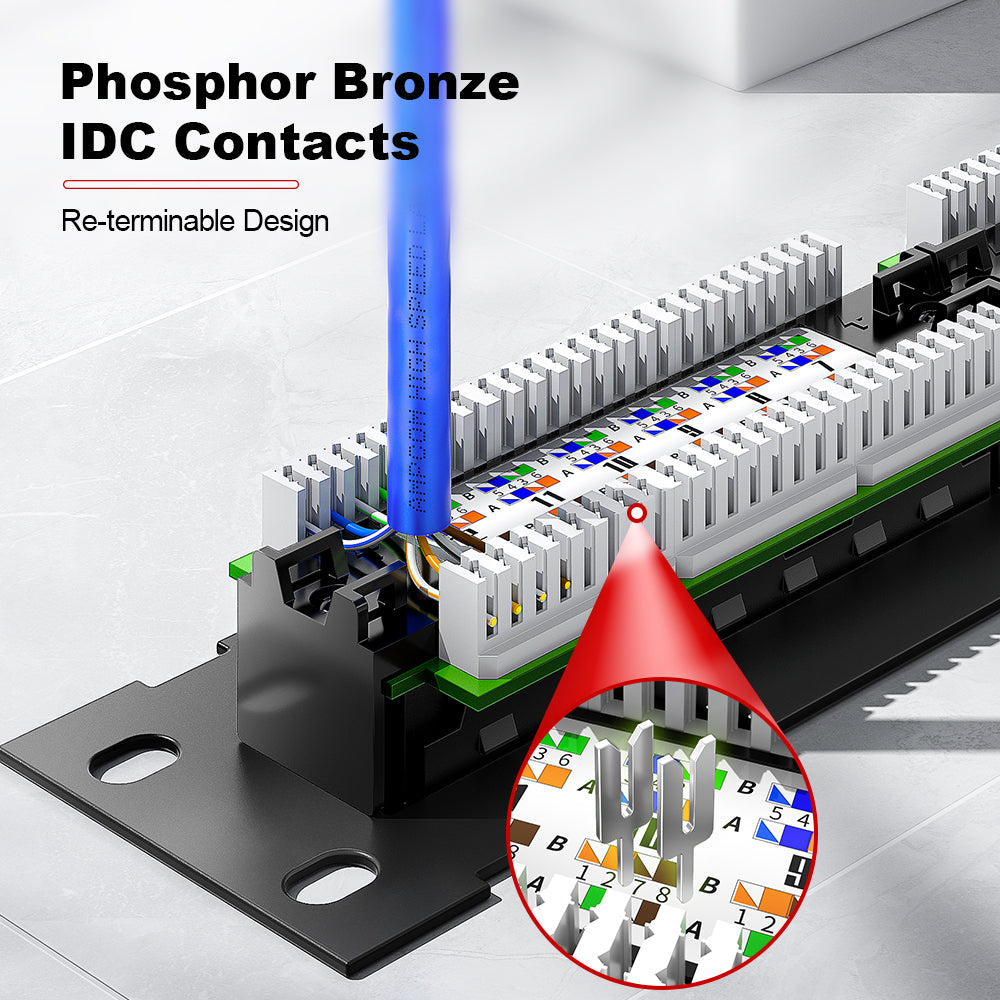 AMPCOM 12-Port Unshielded Patch Panel for Low-Voltage Cabinets, with Rear Mounting Bracket