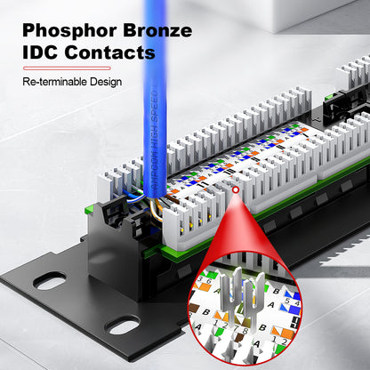 AMPCOM 12-Port Unshielded Patch Panel for Low-Voltage Cabinets, with Rear Mounting Bracket