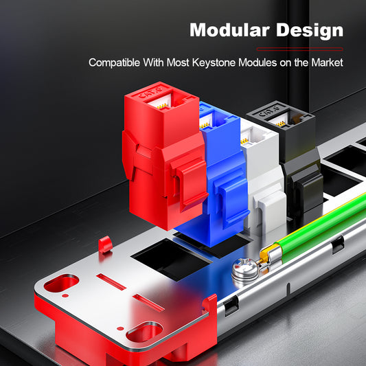 AMPCOM 1U 24-Port Unshielded Tool-Less Pass-Through Modular Patch Panel, 19-inch Rack Mount with Cable Management Rings