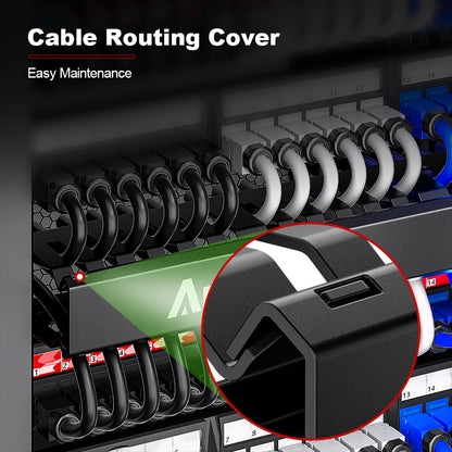 AMPCOM 1U 24-Slot 48-Port Cable Manager, Enlarged Duct, Reinforced Steel, Dual-Hinged Cover