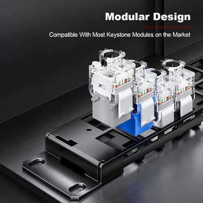 AMPCOM 1U 48-Port Unshielded Tool-Less Keystone Patch Panel, 19-inch Rack Mount with Cable Management Rings