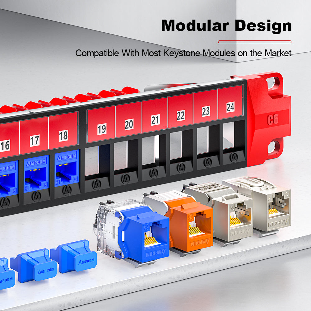AMPCOM 1U 24‑Port Blank Patch Panel – SPCC Steel, Copper Ground Wire, Foldable Rear Cable Manager