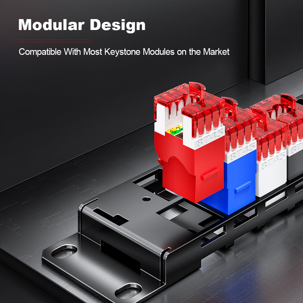 AMPCOM 1U 48-Port Unshielded 180° Punch-Down Keystone Patch Panel, 19-inch Rack Mount with Cable Management Rings