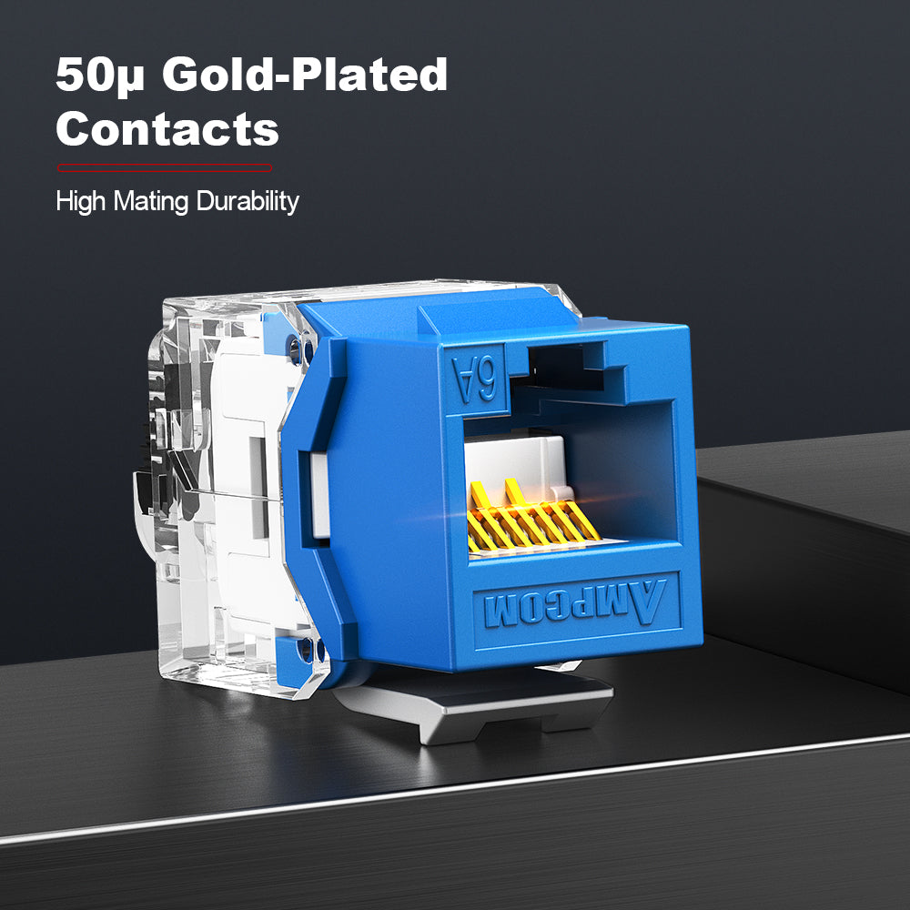 AMPCOM CAT6a Unshielded Tool-less Keystone Jack With Ratchet Lock Design, Black Shell