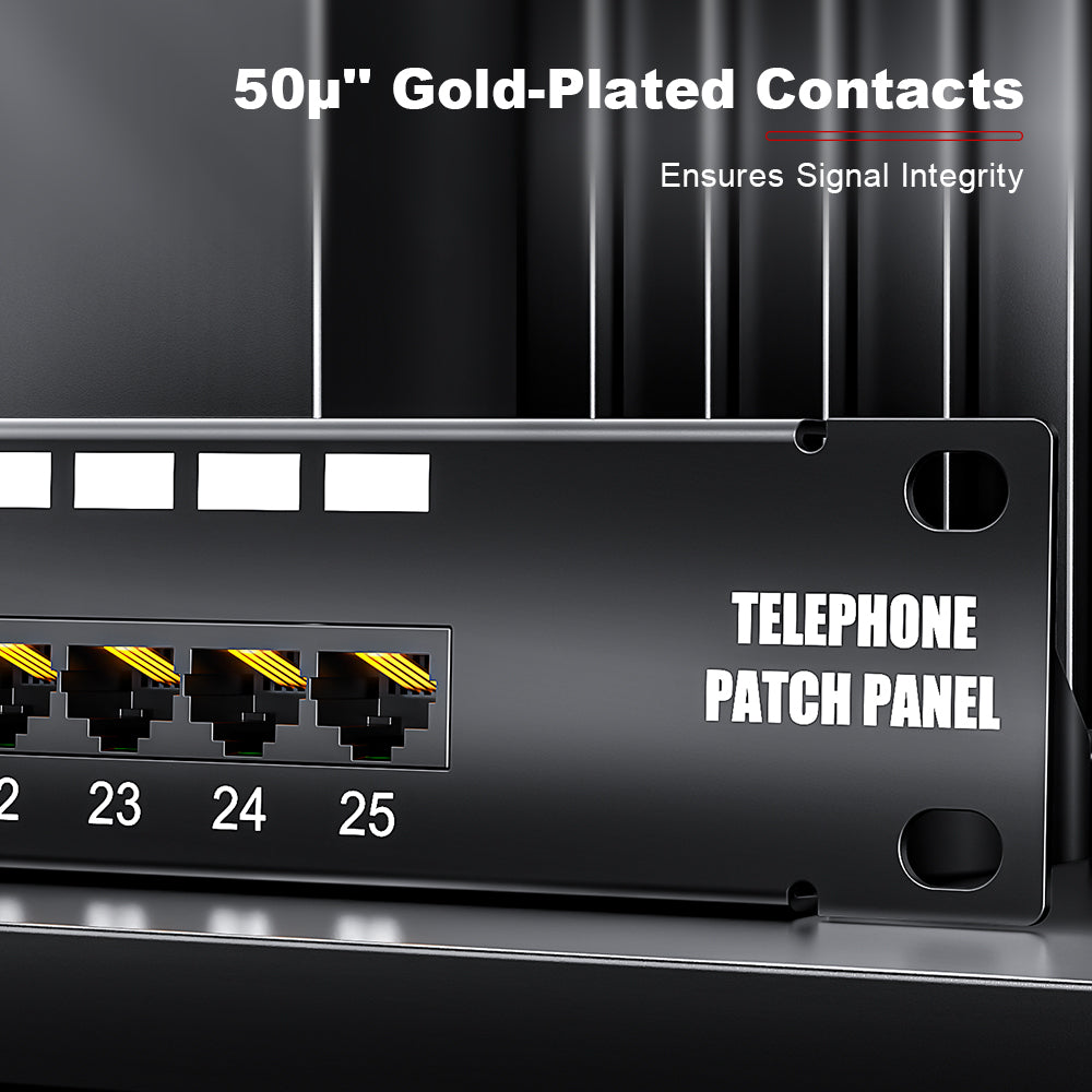 AMPCOM One-Piece PCB RJ11 Voice Patch Panel, 19 Inch Rack Mount, Pure Copper Ground Wire,SPCC Steel