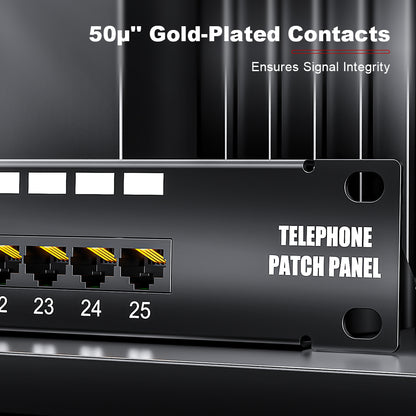 AMPCOM One-Piece PCB RJ11 Voice Patch Panel, 19 Inch Rack Mount, Pure Copper Ground Wire,SPCC Steel