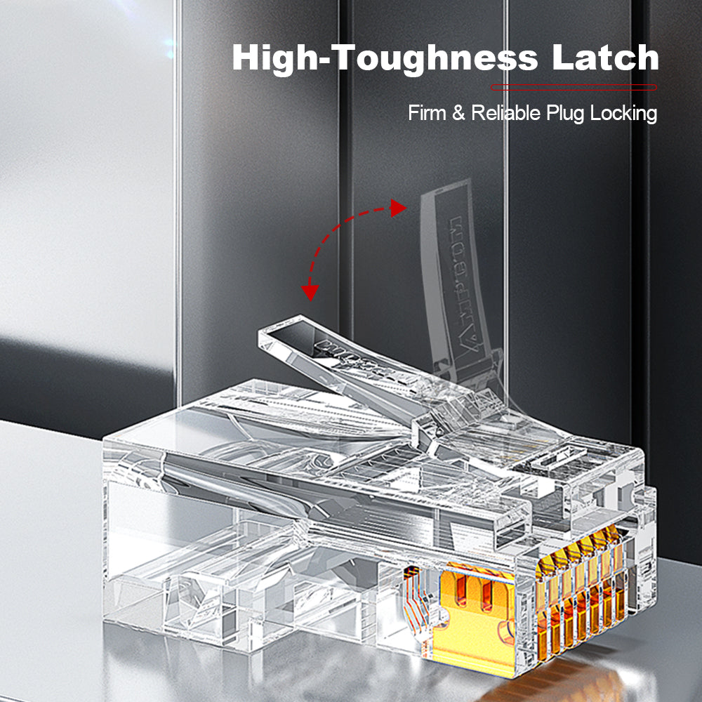 AMPCOM Cat5e Pass-Through Unshielded RJ45 Connector,Gold-Plated Contacts, 1.0mm Conductor Hole