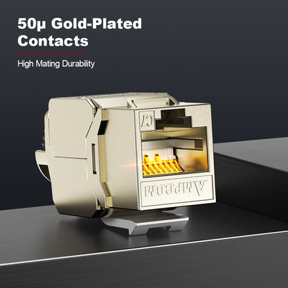 Conector Keystone blindado AMPCOM CAT7 sem ferramentas com trava de catraca, carcaça em liga de zinco