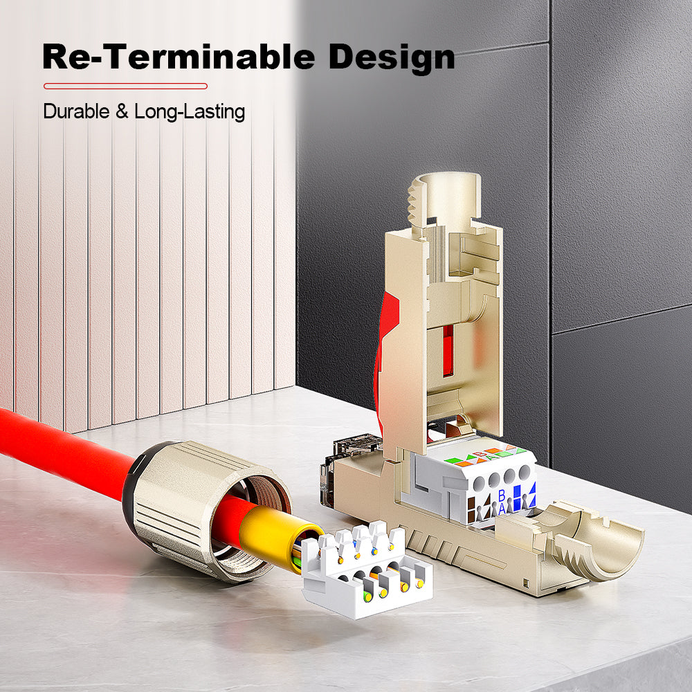 AMPCOM TW Cat7 Zinc-Alloy Shielded Tool-Free RJ45 Connector for 22-24 AWG Unshielded Ethernet Cable