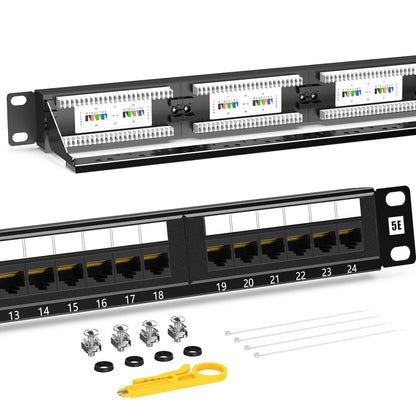 AMPCOM Premium Series CAT5/CAT5e/CAT6 24 Ports Patch Panel, Rack Mount - 1U, 19 inch, RJ45 Ethernet 568A 568B, 15u Gold Plated, with Rear Cable Support Bar