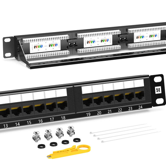 AMPCOM Premium Series CAT5/CAT5e/CAT6 24 Ports Patch Panel, Rack Mount - 1U, 19 inch, RJ45 Ethernet 568A 568B, 15u Gold Plated, with Rear Cable Support Bar