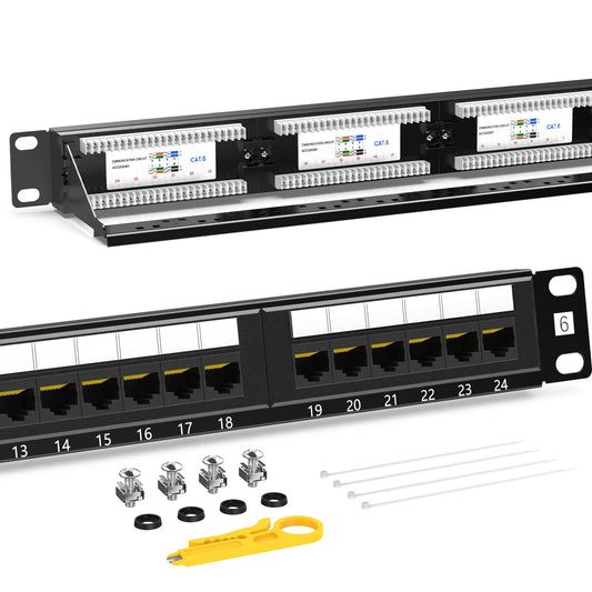 AMPCOM Premium Series CAT5/CAT5e/CAT6 24 Ports Patch Panel, Rack Mount - 1U, 19 inch, RJ45 Ethernet 568A 568B, 15u Gold Plated, with Rear Cable Support Bar