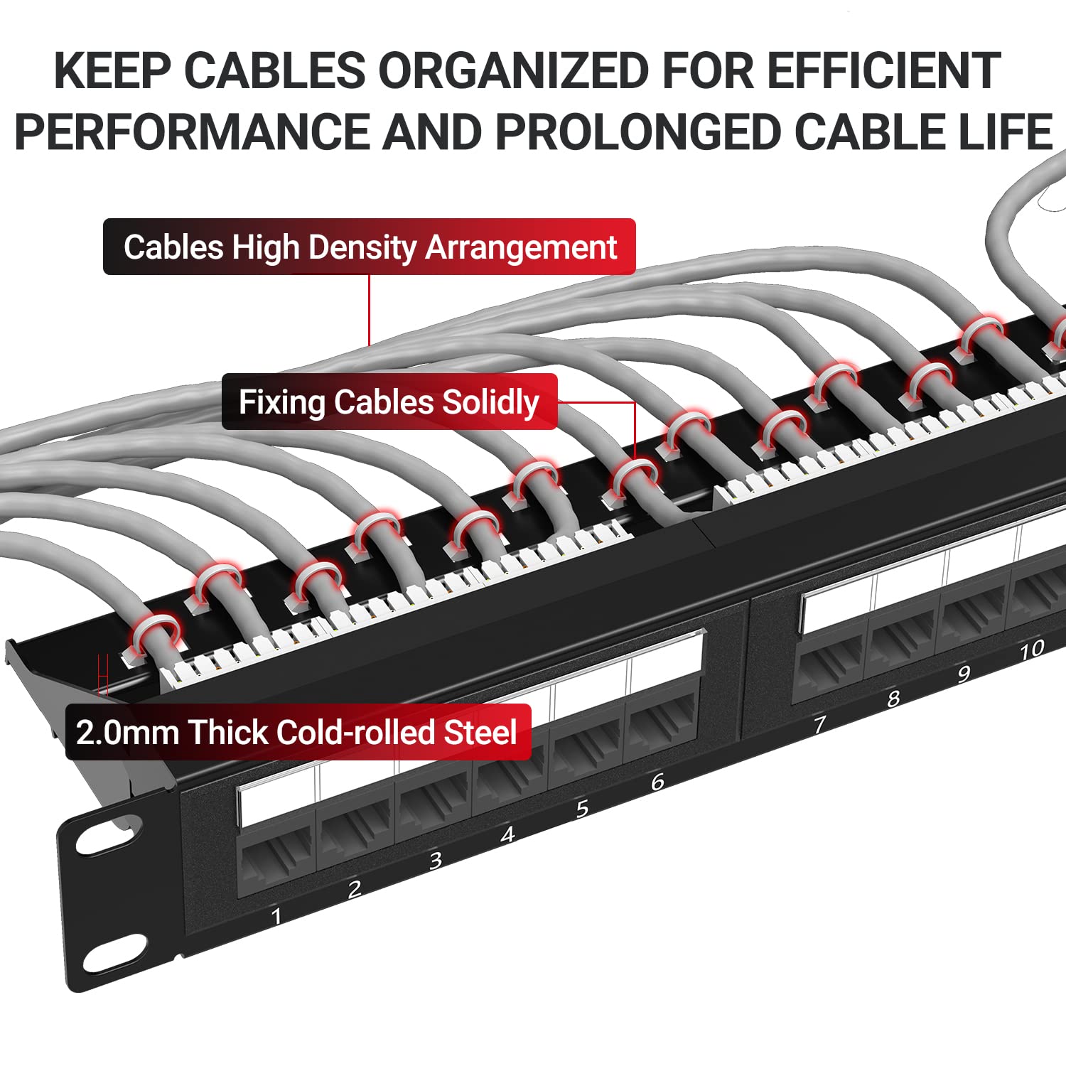 AMPCOM Premium Series CAT5/CAT5e/CAT6 24 Ports Patch Panel, Rack Mount - 1U, 19 inch, RJ45 Ethernet 568A 568B, 15u Gold Plated, with Rear Cable Support Bar
