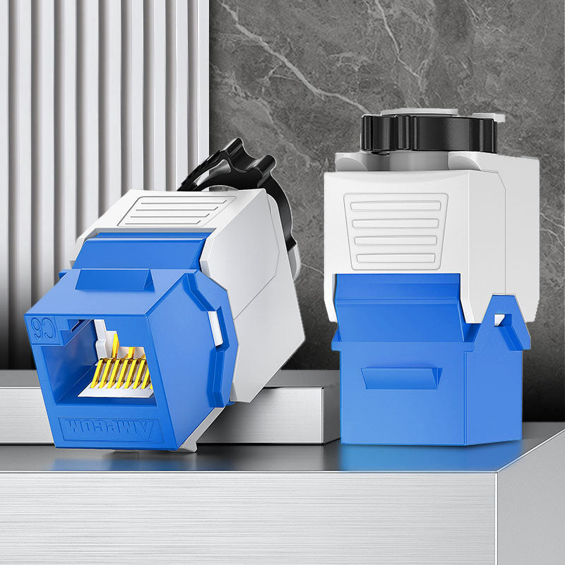 AMPCOM CAT6 Unshielded Tool-less Keystone Jack With Ratchet Lock Design, Blue Shell