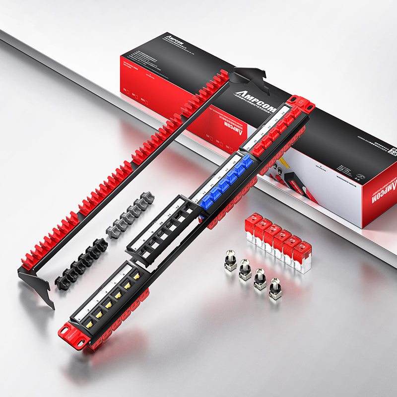 AMPCOM Unibody Cat5e/6/6a/7/8 Series 24 Ports Patch Panel, Front disassembly panel design, 19 inch RJ45 Ethernet 568A 568B, gold-plated pins, with Rear Cable Support Bar