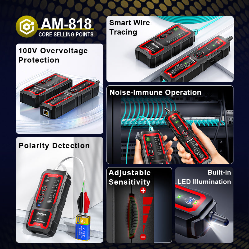 AMPCOM Interference Resistance Multifunction Network Cable Tracker, 100V Voltage Protection, Adjustable Sensitivity, Easy Trace-to-Test Switching, Electrode Detection