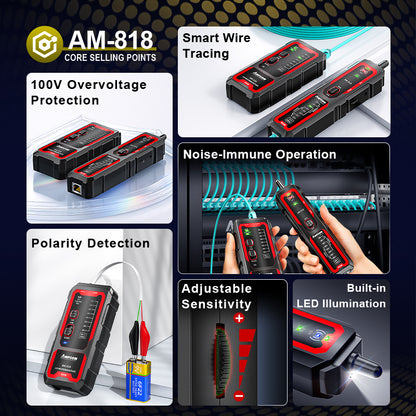 AMPCOM Interference Resistance Multifunction Network Cable Tracker, 100V Voltage Protection, Adjustable Sensitivity, Easy Trace-to-Test Switching, Electrode Detection