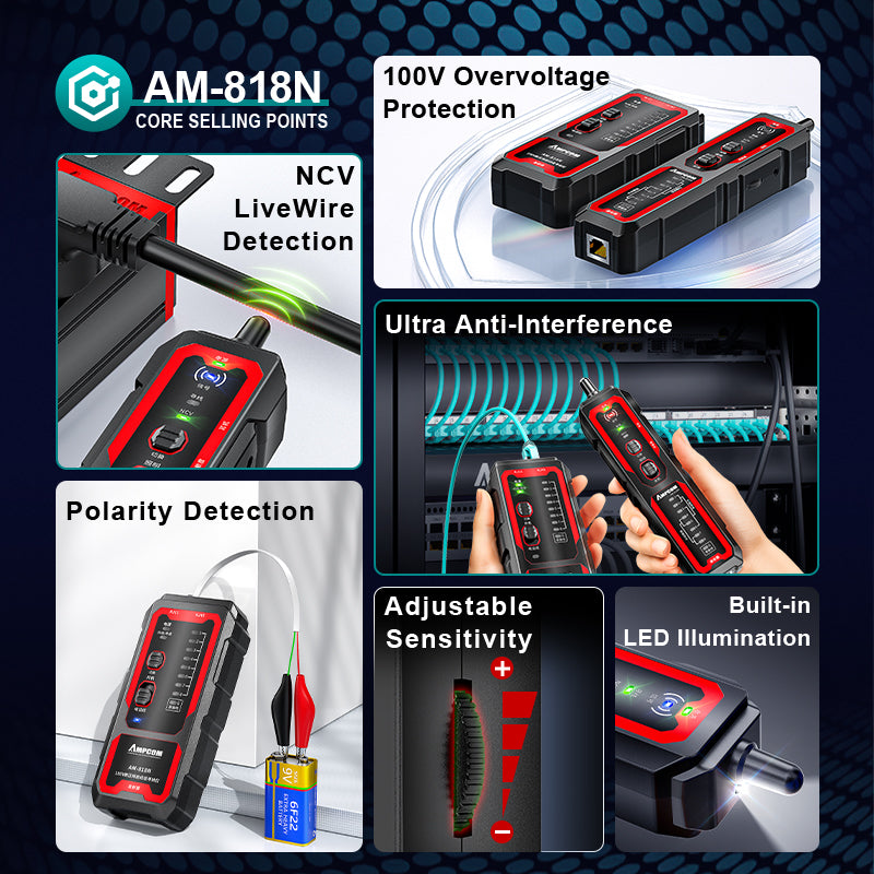 AMPCOM Interference Resistance Multifunction Network Cable Tracker, 100V Voltage Protection, Adjustable Sensitivity, Easy Trace-to-Test Switching, Electrode Detection