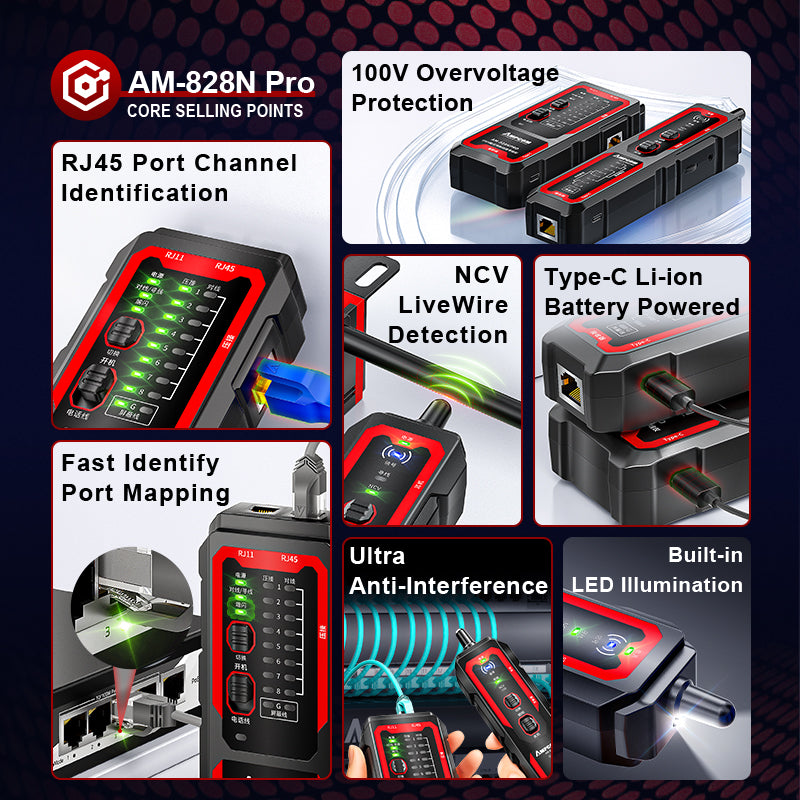 AMPCOM Interference Resistance Multifunction Network Cable Tracker, 100V Voltage Protection, Adjustable Sensitivity, Easy Trace-to-Test Switching, Electrode Detection