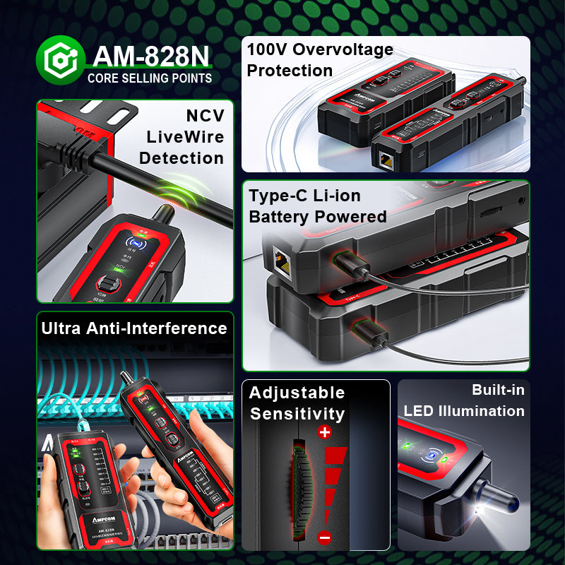 AMPCOM Interference Resistance Multifunction Network Cable Tracker, 100V Voltage Protection, Adjustable Sensitivity, Easy Trace-to-Test Switching, Electrode Detection