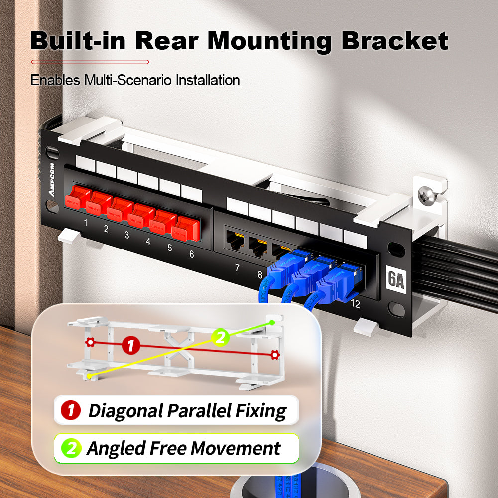 AMPCOM 12-Port Unshielded Patch Panel for Low-Voltage Cabinets, with Rear Mounting Bracket