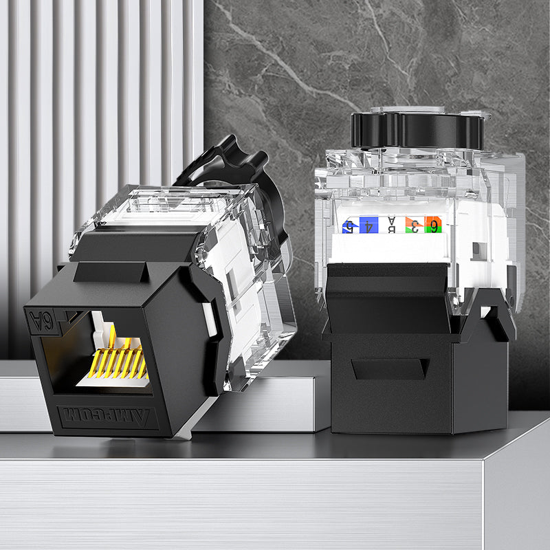 AMPCOM CAT6a Unshielded Tool-less Keystone Jack With Ratchet Lock Design, Black Shell