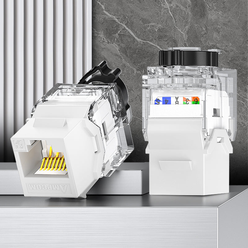 AMPCOM CAT6a Unshielded Tool-less Keystone Jack With Ratchet Lock Design, White Shell