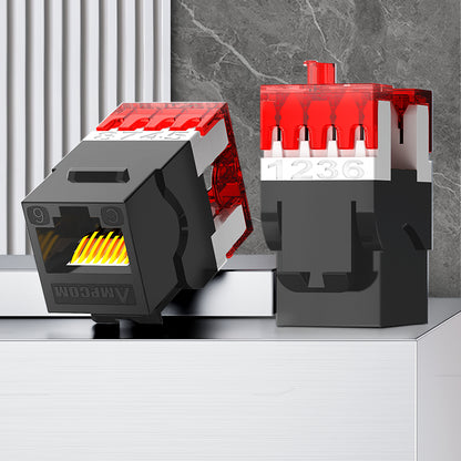 Conector Keystone AMPCOM CAT6 não blindado de 180° com encaixe por pressão para rede Ethernet, carcaça preta