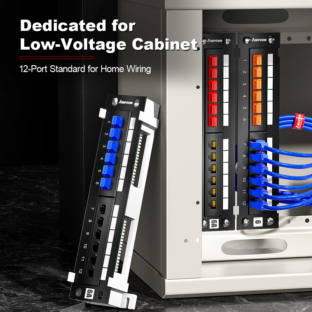 AMPCOM 12-Port Unshielded Patch Panel for Low-Voltage Cabinets, with Rear Mounting Bracket