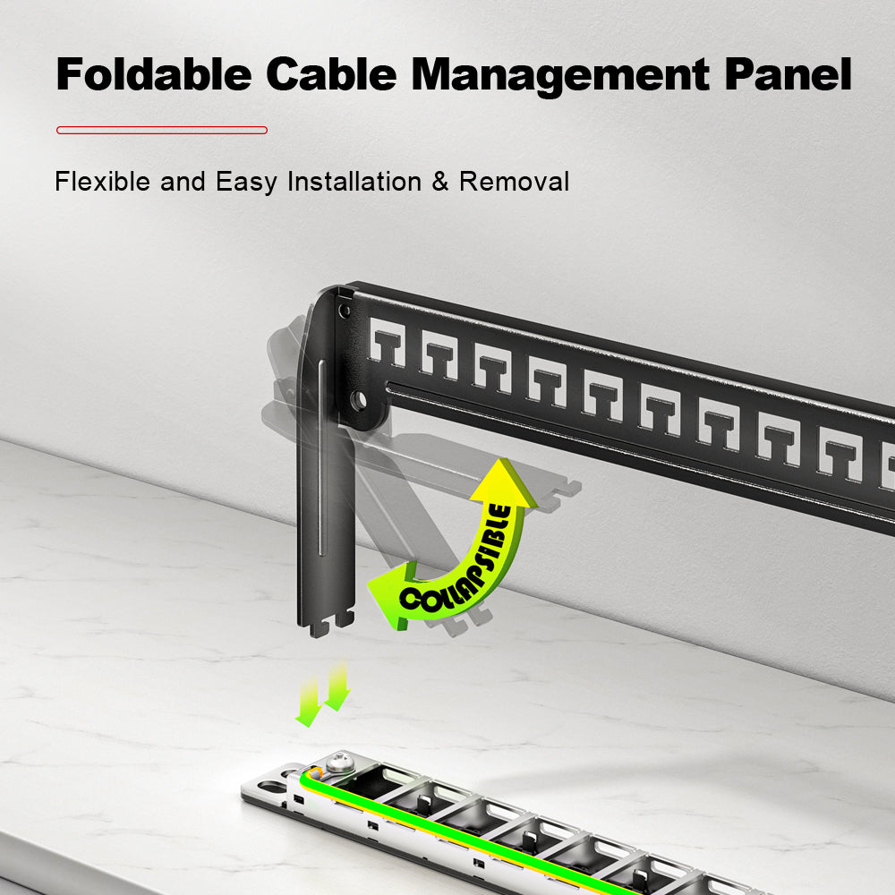 AMPCOM 1U 48‑Port Blank Patch Panel – SPCC Steel, Foldable Rear Cable Manager