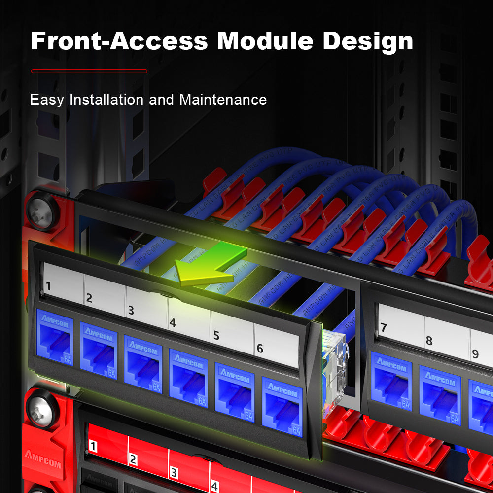 AMPCOM 1U 24-Port Modular Unshielded  Patch Panel, Toolless Keystone Jack, Front-Removable Panel Design, Reinforced Copper Ground Wire,19 Inch Rack Mount