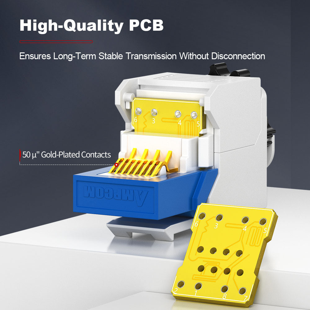 AMPCOM CAT6a Unshielded Tool-less Keystone Jack With Ratchet Lock Design, Black Shell