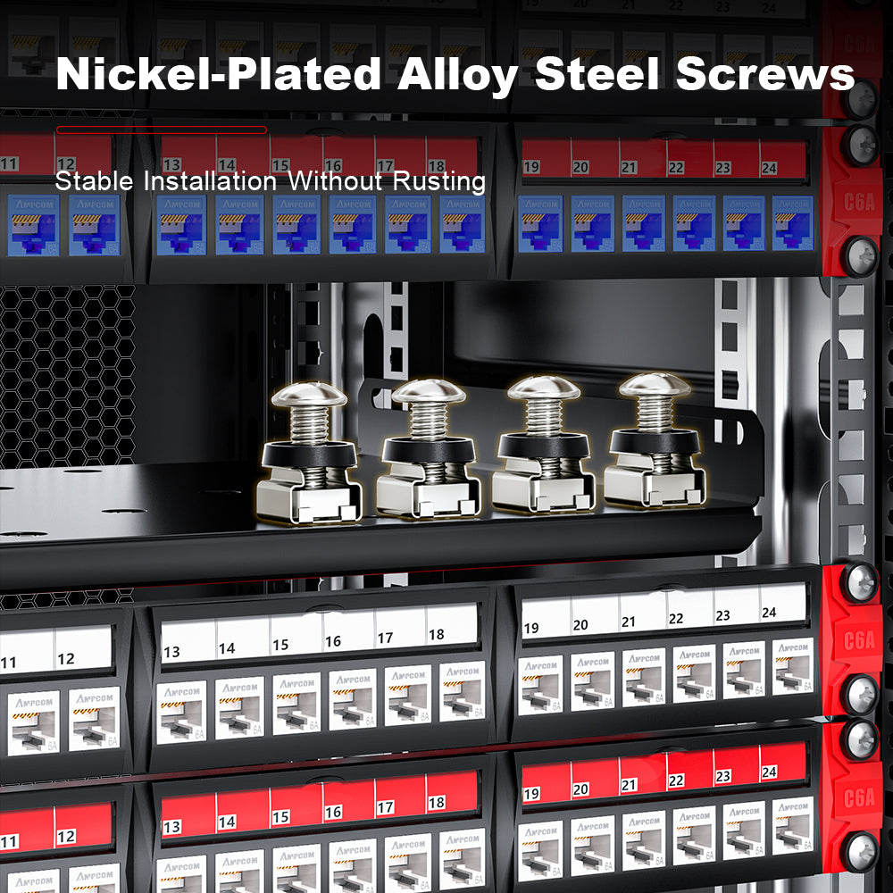 AMPCOM 1U 24‑Port Blank Patch Panel – SPCC Steel, Copper Ground Wire, Foldable Rear Cable Manager