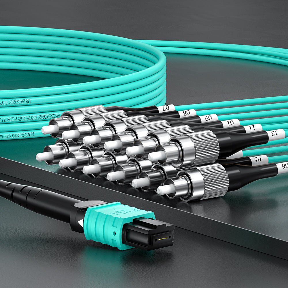 AMPCOM MPO-12 Harness, Multimode OM3 50/125µm 12 Fibers Optic Cable, MPO UPC (Female) to 12 x FC UPC, Aqua LSZH Jacket