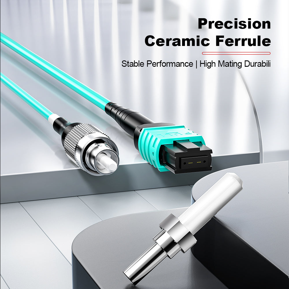 AMPCOM MPO-12 Harness, Multimode OM3 50/125µm 12 Fibers Optic Cable, MPO UPC (Female) to 12 x FC UPC, Aqua LSZH Jacket