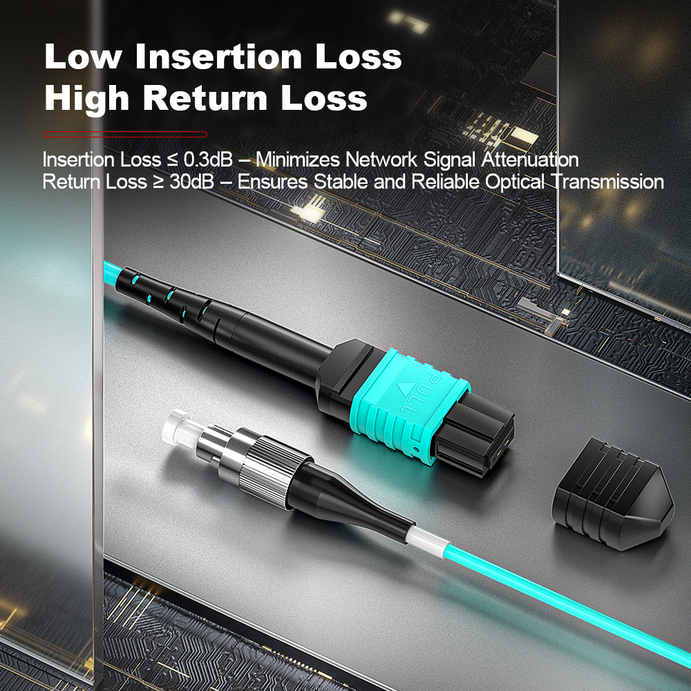AMPCOM MPO-12 Harness, Multimode OM3 50/125µm 12 Fibers Optic Cable, MPO UPC (Female) to 12 x FC UPC, Aqua LSZH Jacket