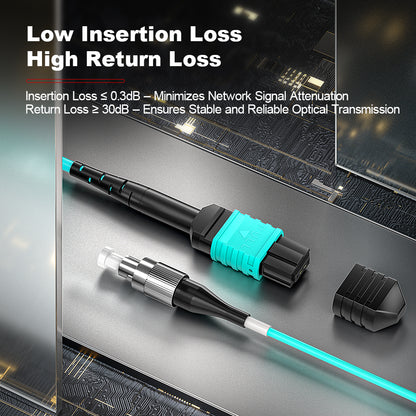 AMPCOM MPO-12 Harness, Multimode OM3 50/125µm 12 Fibers Optic Cable, MPO UPC (Female) to 12 x FC UPC, Aqua LSZH Jacket