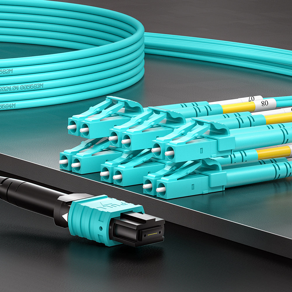 AMPCOM MPO-12 Harness, Multimode OM3 50/125µm 12 Fibers Optic Cable, MPO UPC (Female) to 6 x LC UPC Duplex, Aqua LSZH Jacket