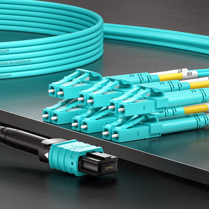 AMPCOM MPO-12 Harness, Multimode OM3 50/125µm 12 Fibers Optic Cable, MPO UPC (Female) to 6 x LC UPC Duplex, Aqua LSZH Jacket
